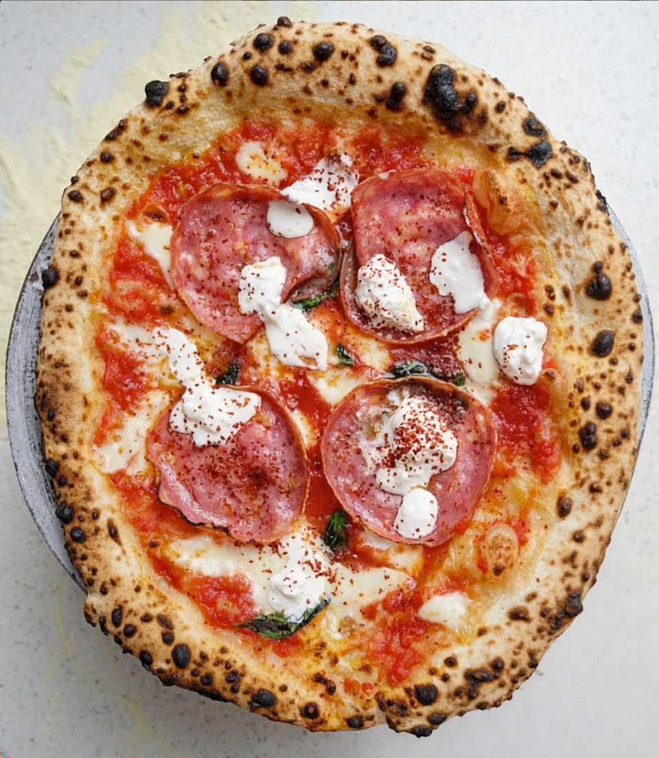 Bongs pizza with salami and ricotta, photographed close up